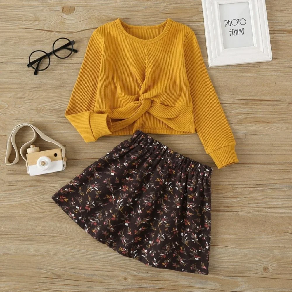 Mustard Yellow Ribbed Knit Twist Front Long Sleeve Top & Dark Floral Mini Skirt